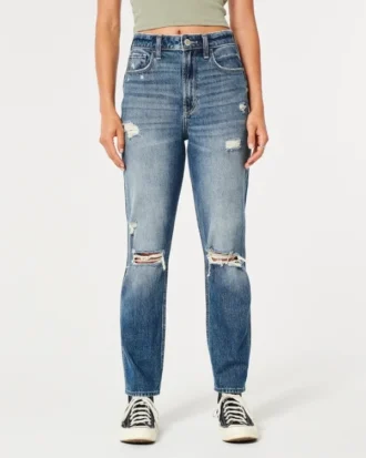 Ultra Yüksek Bel Yırtık Orta Yıkama Mom Jeans
