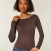 Uzun Kollu Dikişsiz Kumaş Slash-Neck Üst