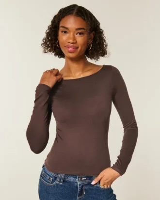 Uzun Kollu Dikişsiz Kumaş Slash-Neck Üst