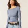 Uzun Kollu Dikişsiz Kumaş Slash-Neck Üst