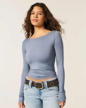 Uzun Kollu Dikişsiz Kumaş Slash-Neck Üst