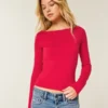 Uzun Kollu Dikişsiz Kumaş Slash-Neck Üst