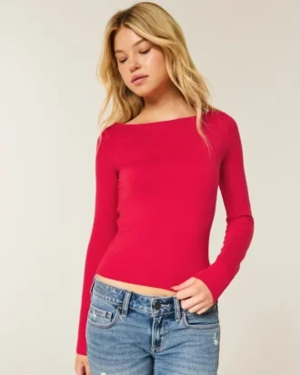 Uzun Kollu Dikişsiz Kumaş Slash-Neck Üst