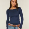 Uzun Kollu Dikişsiz Kumaş Slash-Neck Üst