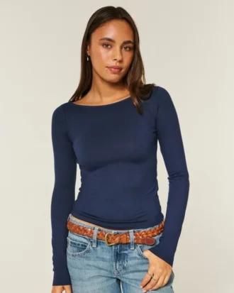 Uzun Kollu Dikişsiz Kumaş Slash-Neck Üst