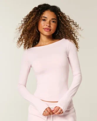 Uzun Kollu Dikişsiz Kumaş Slash-Neck Üst