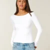 Uzun Kollu Dikişsiz Kumaş Slash-Neck Üst