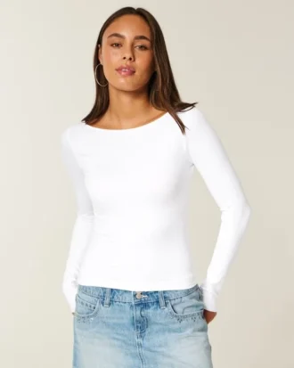 Uzun Kollu Dikişsiz Kumaş Slash-Neck Üst