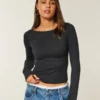 Uzun Kollu Dikişsiz Kumaş Slash-Neck Üst