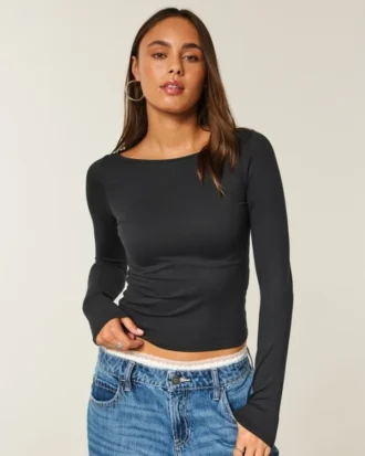 Uzun Kollu Dikişsiz Kumaş Slash-Neck Üst