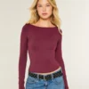 Uzun Kollu Dikişsiz Kumaş Slash-Neck Üst
