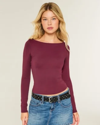 Uzun Kollu Dikişsiz Kumaş Slash-Neck Üst