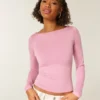 Uzun Kollu Dikişsiz Kumaş Slash-Neck Üst
