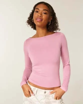 Uzun Kollu Dikişsiz Kumaş Slash-Neck Üst