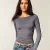 Uzun Kollu Dikişsiz Kumaş Slash-Neck Üst