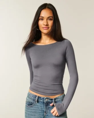 Uzun Kollu Dikişsiz Kumaş Slash-Neck Üst