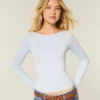 Uzun Kollu Dikişsiz Kumaş Slash-Neck Üst