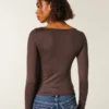 Uzun Kollu Dikişsiz Kumaş Slash-Neck Üst