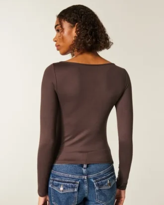 Uzun Kollu Dikişsiz Kumaş Slash-Neck Üst