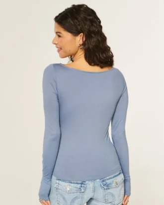 Uzun Kollu Dikişsiz Kumaş Slash-Neck Üst