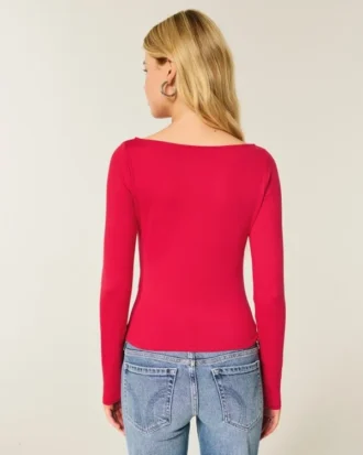Uzun Kollu Dikişsiz Kumaş Slash-Neck Üst