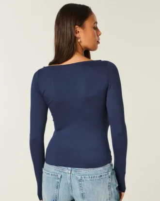 Uzun Kollu Dikişsiz Kumaş Slash-Neck Üst