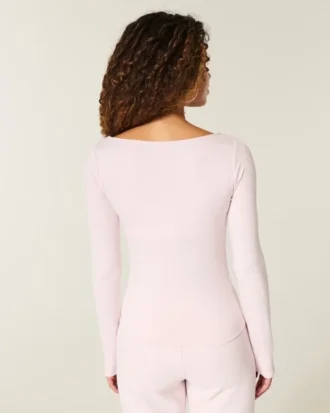 Uzun Kollu Dikişsiz Kumaş Slash-Neck Üst