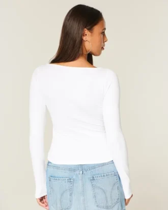 Uzun Kollu Dikişsiz Kumaş Slash-Neck Üst