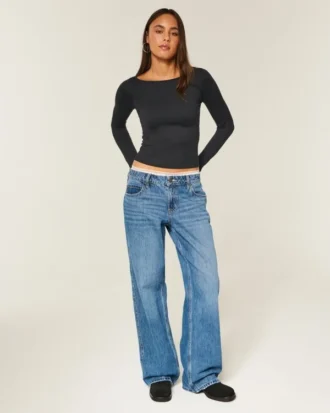 Uzun Kollu Dikişsiz Kumaş Slash-Neck Üst