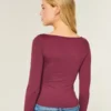 Uzun Kollu Dikişsiz Kumaş Slash-Neck Üst