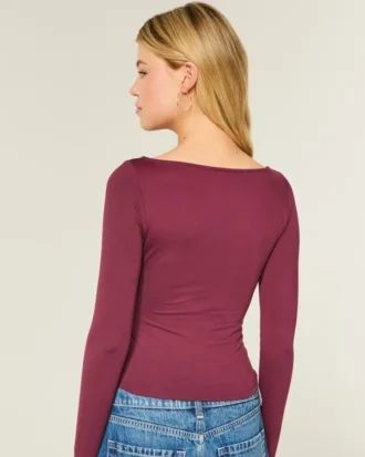 Uzun Kollu Dikişsiz Kumaş Slash-Neck Üst