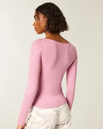 Uzun Kollu Dikişsiz Kumaş Slash-Neck Üst