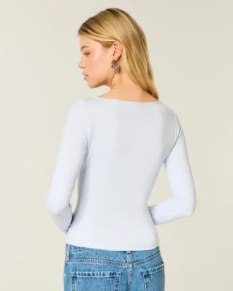 Uzun Kollu Dikişsiz Kumaş Slash-Neck Üst