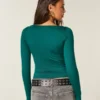 Uzun Kollu Dikişsiz Kumaş Slash-Neck Üst