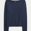 Uzun Kollu Dikişsiz Kumaş Slash-Neck Üst