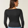 Uzun Kollu Dikişsiz Kumaş Slash-Neck Üst