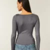 Uzun Kollu Dikişsiz Kumaş Slash-Neck Üst