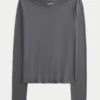 Uzun Kollu Dikişsiz Kumaş Slash-Neck Üst