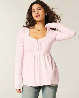 Uzun Kollu Henley Babydoll Üst