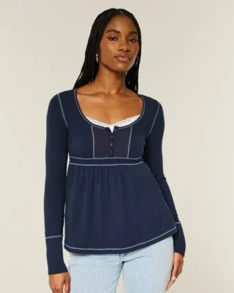 Uzun Kollu Henley Babydoll Üst