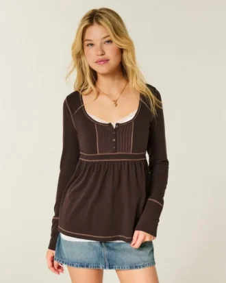 Uzun Kollu Henley Babydoll Üst