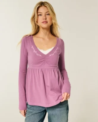 Uzun Kollu Pinch Bust Babydoll Üst