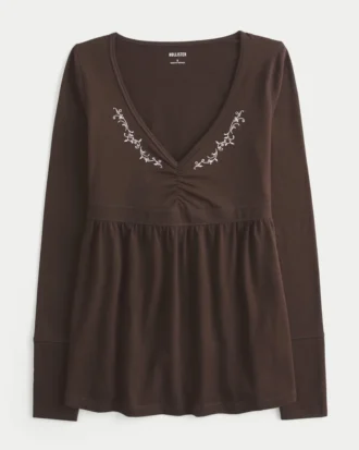 Uzun Kollu Pinch Bust Babydoll Üst