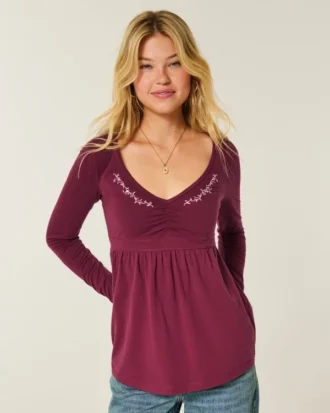 Uzun Kollu Pinch Bust Babydoll Üst