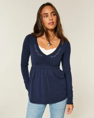 Uzun Kollu Pinch Bust Babydoll Üst