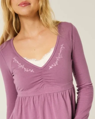 Uzun Kollu Pinch Bust Babydoll Üst