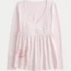 Uzun Kollu Pinch Bust Grafik Babydoll Üst Uzun Kollu Pinch Bust Grafik Babydoll Üst
