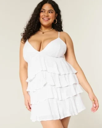 V Yaka Fırfırlı Babydoll Mini Elbise V Yaka Fırfırlı Babydoll Mini Elbise