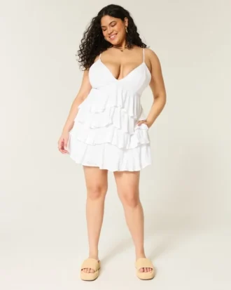 V Yaka Fırfırlı Babydoll Mini Elbise V Yaka Fırfırlı Babydoll Mini Elbise