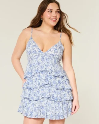 V Yaka Fırfırlı Katmanlı Babydoll Mini Elbise V Yaka Fırfırlı Katmanlı Babydoll Mini Elbise